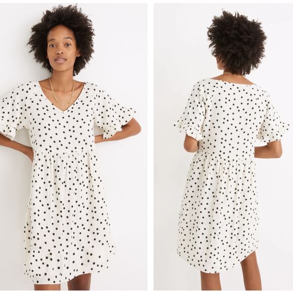 MADEWELL Lightspun Ruffle-Sleeve Babydoll Dress Dot Toss Pearl Ivory Sz M {KK10} - Picture 1 of 6